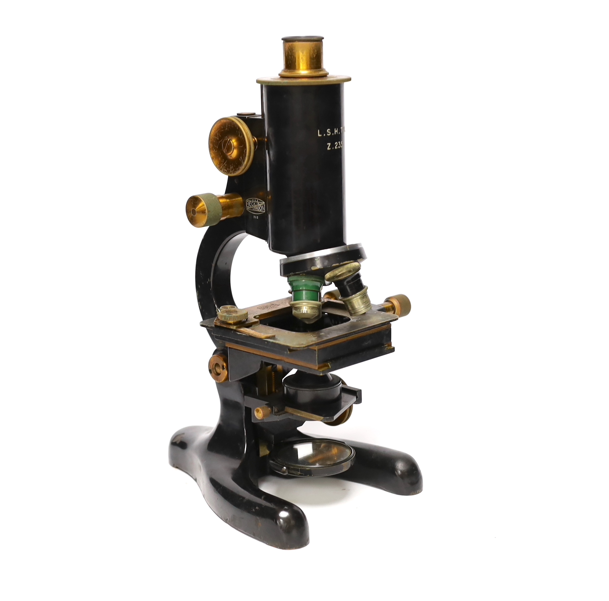 An R and J Beck Ltd monocular brass microscope, in wooden case, marked for the London School of Hygiene and Tropical Medicine (Z.235), case 36.5cm high
